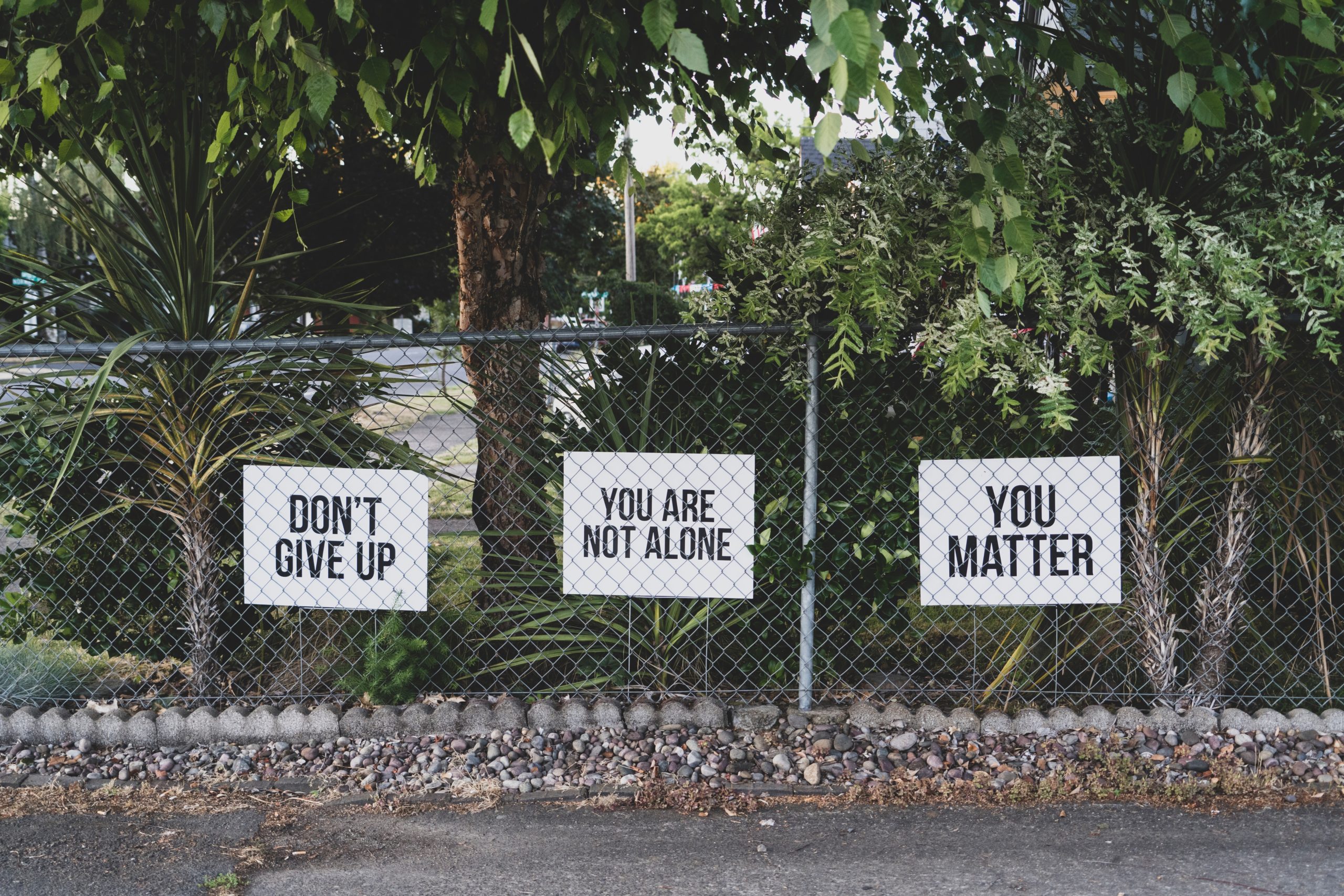 Three signs are attached to a chain link fence. The first sign reads "don't give up." The second sign reads "you are not alone." The third sign reads "you matter."